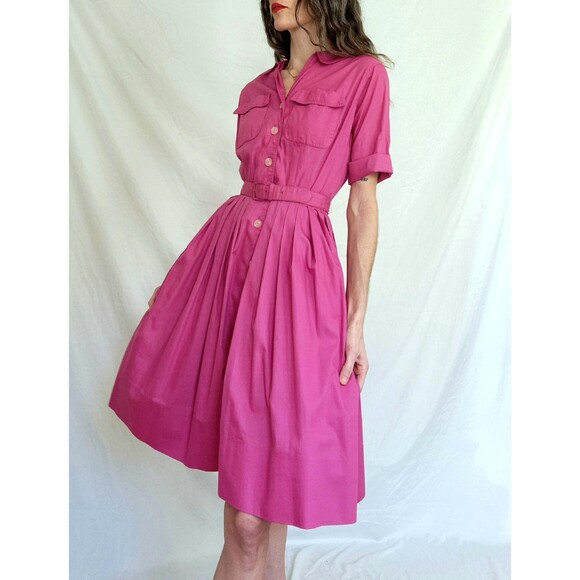 1950s Vintage Shirtwaist Dress: Hot Pink Pleated Cotton Day Dress, Womens - Picture 7 of 13